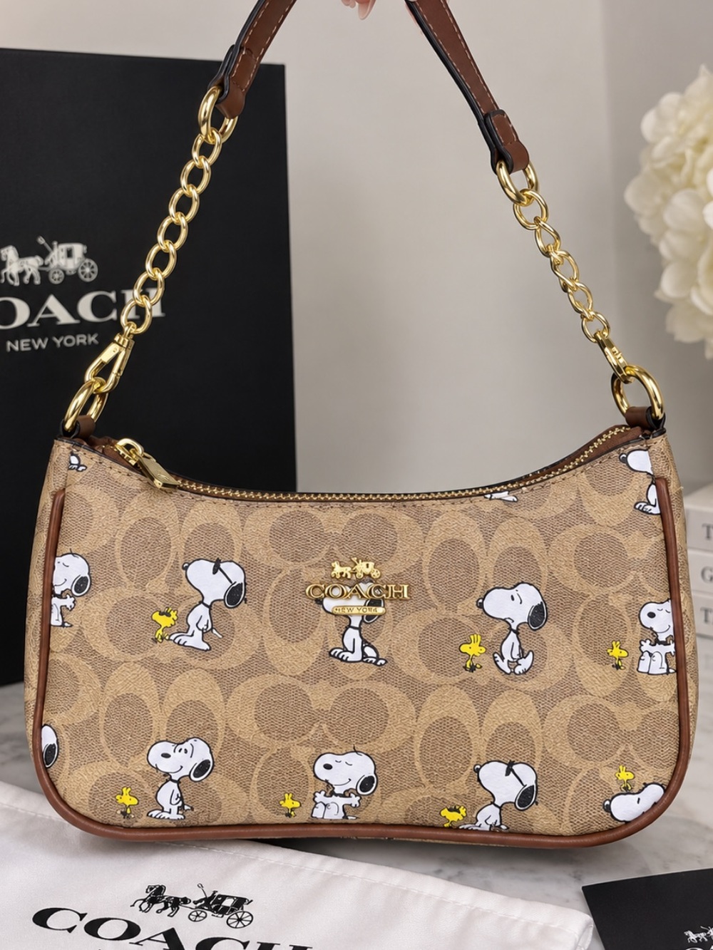 Coach Tan Snoopy Print Mini Shoulder Bag with Gold-Tone Chain